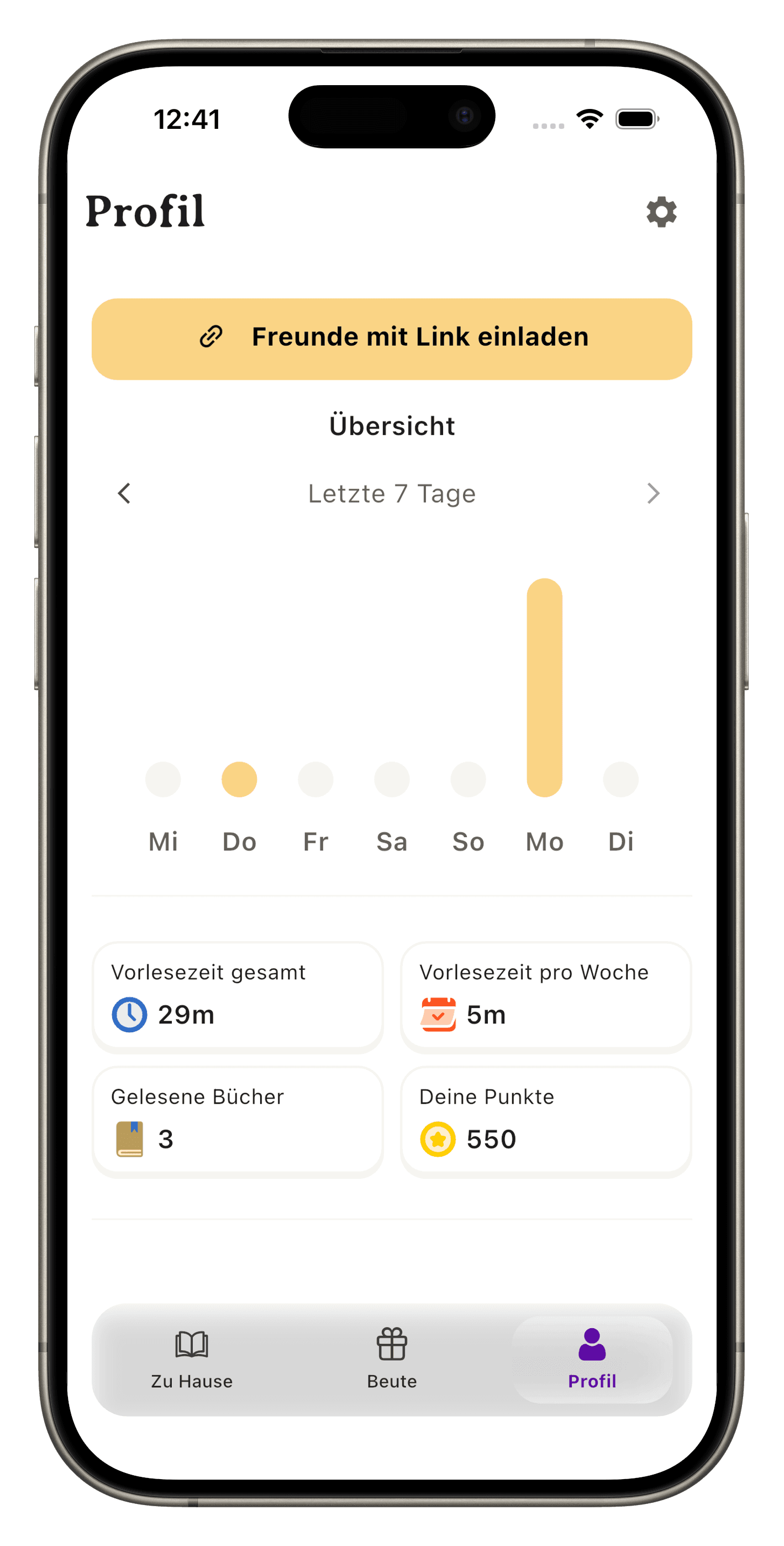 Profil mit Vorlese-Statistik in der BookPlay App