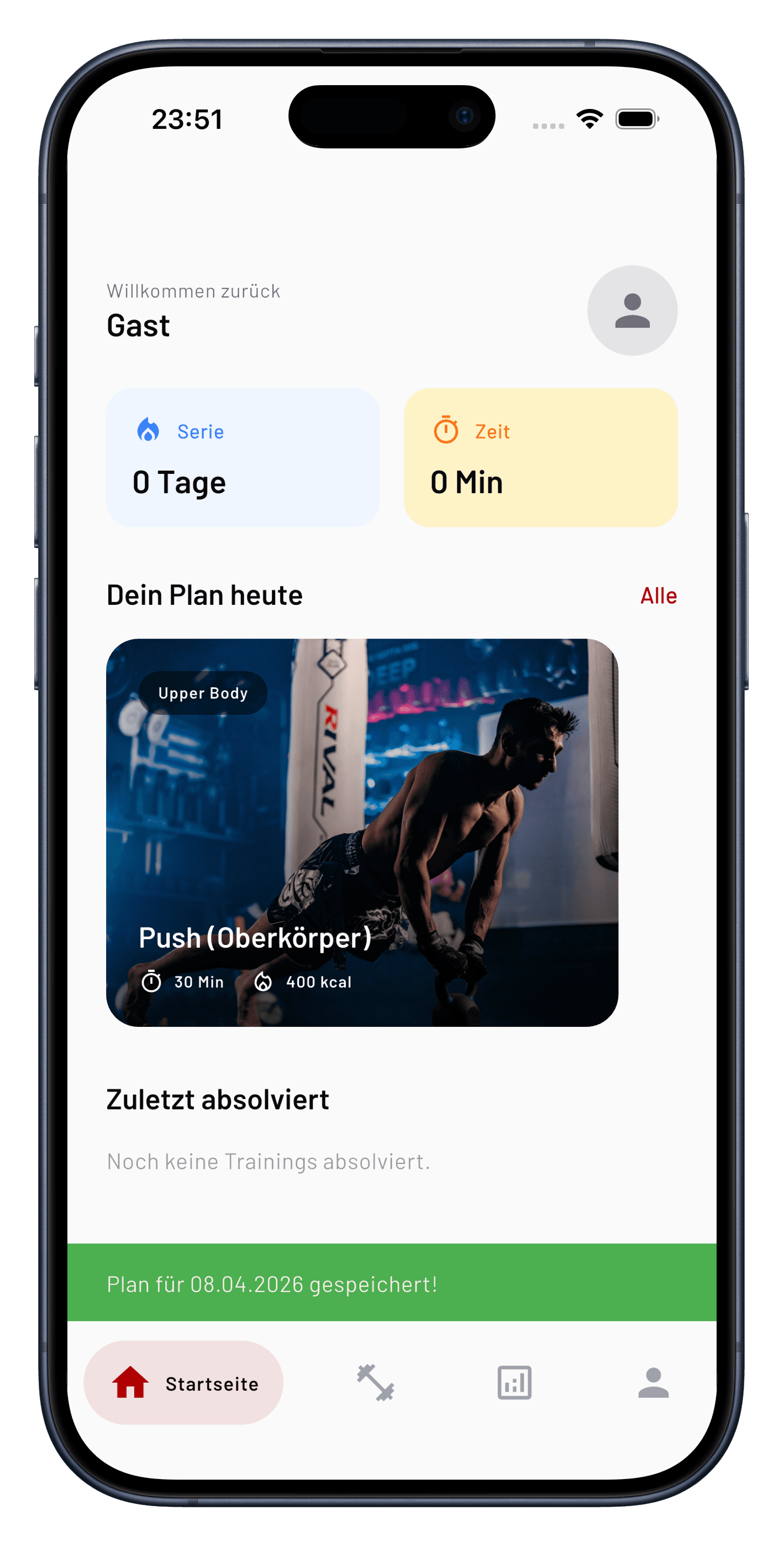 Home-Ansicht der Salim Lee Gym App