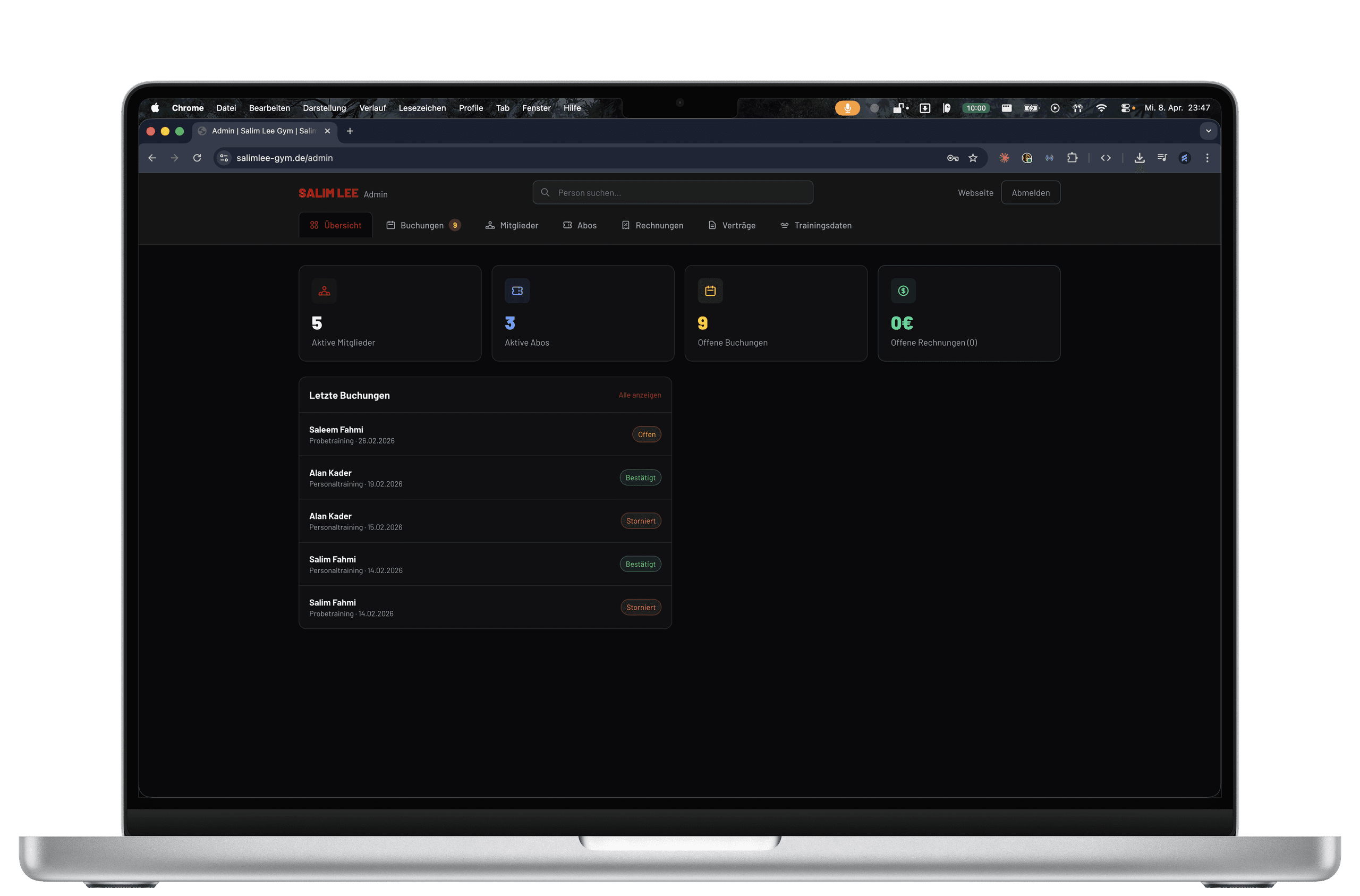 Admin-Dashboard der Membership-Software von Salim Lee Gym